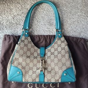 Gucci Jackie Canvas Leather Shoulder Bag Monogram Beige/Turqouise with Studs